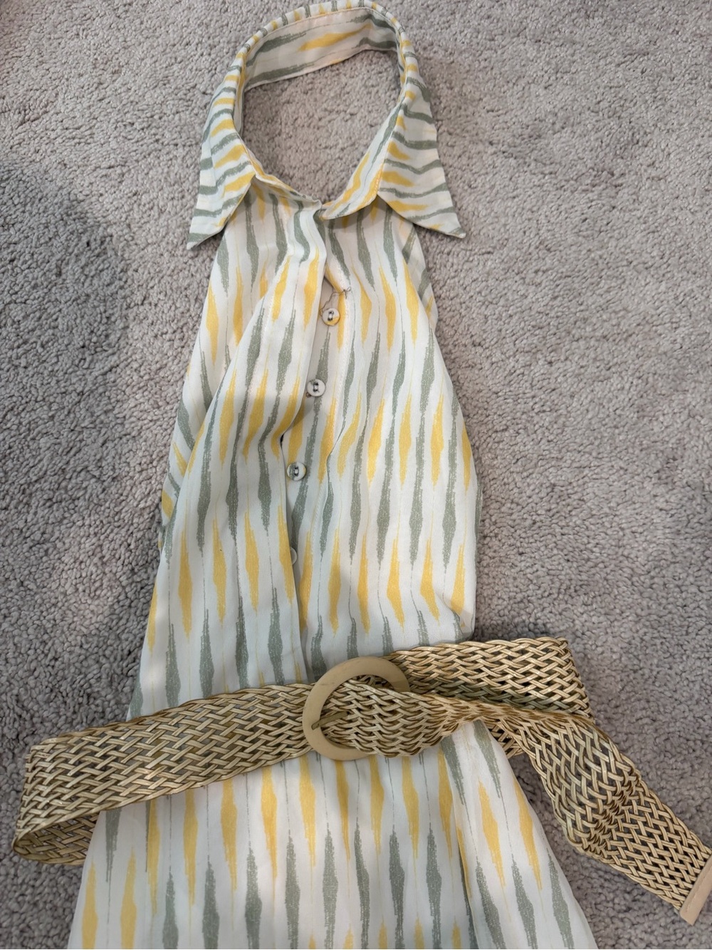 Sleeveless Halter Dress with Yellow and Sage Ikat Stripe